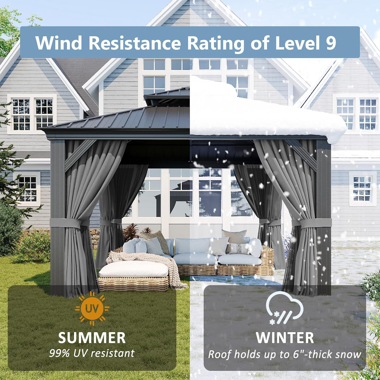 Aoxun 12' x 12' Permanent Hardtop Gazebo with Galvanized Steel Double Roof and Aluminum Frames Outdoor Large Pavilion Gazebo for Patio Deck Garden, Nettings and Curtains Included, Gray