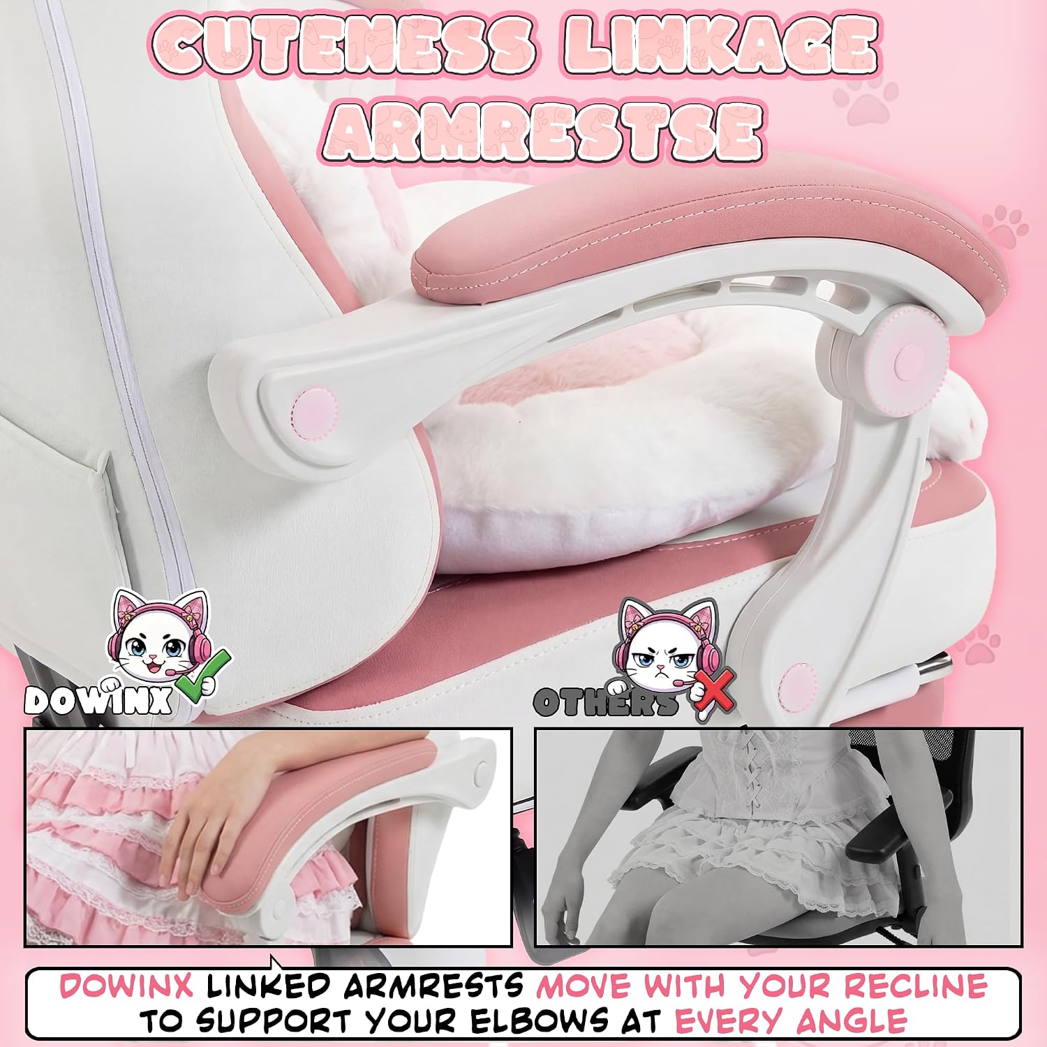 Dowinx Gaming Chair with Cat Ears and Paw Lumbar Pillow, Ergonomic Reclining Chair, Memory Foam and Spring Cushion, Footrest, 300lbs Capacity, Cute and Comfortable Design for Women & Girls