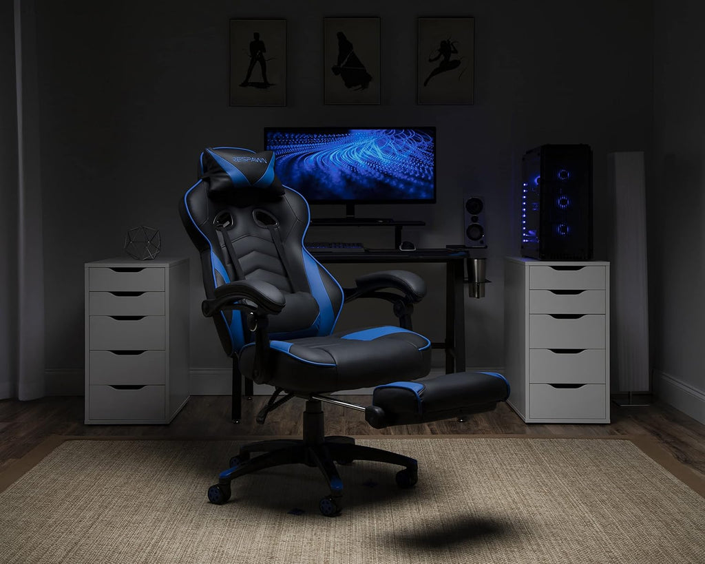 RESPAWN 110 Ergonomic Gaming Chair with Footrest Recliner - Racing Style High Back PC Computer Desk Office Chair - 360 Swivel, Adjustable Lumbar Support, Headrest Pillow, Padded Armrests - 2019 Blue