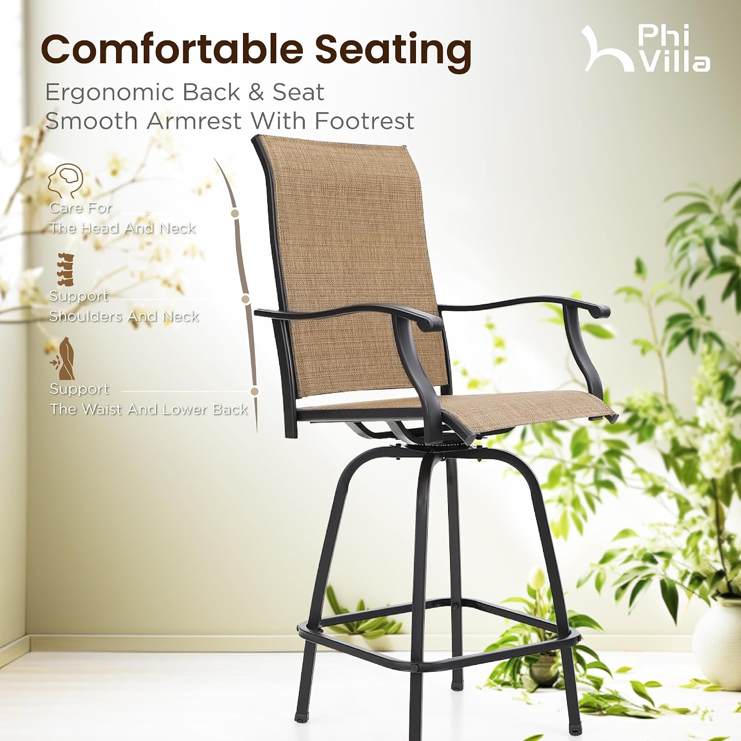 PHI VILLA 7 Piece High Patio Bar Dining Set, Bar Height Outdoor Table and Chairs Patio Furniture Set with 6 Patio Swivel Bar Stools & 40' Table for Garden, Yard and Terrace