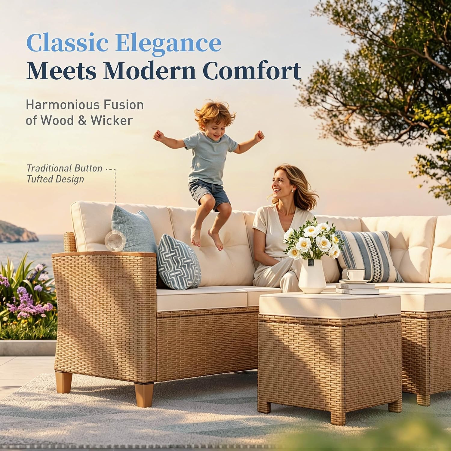 SUNSHINE VALLEY Small Patio Furniture Set, 6 Piece Wicker Outdoor Patio Conversation Set, Outside L-Shaped Sectional Sofa Couch with Chaise Lounge and 2 Ottomans for Porch Balcony Deck