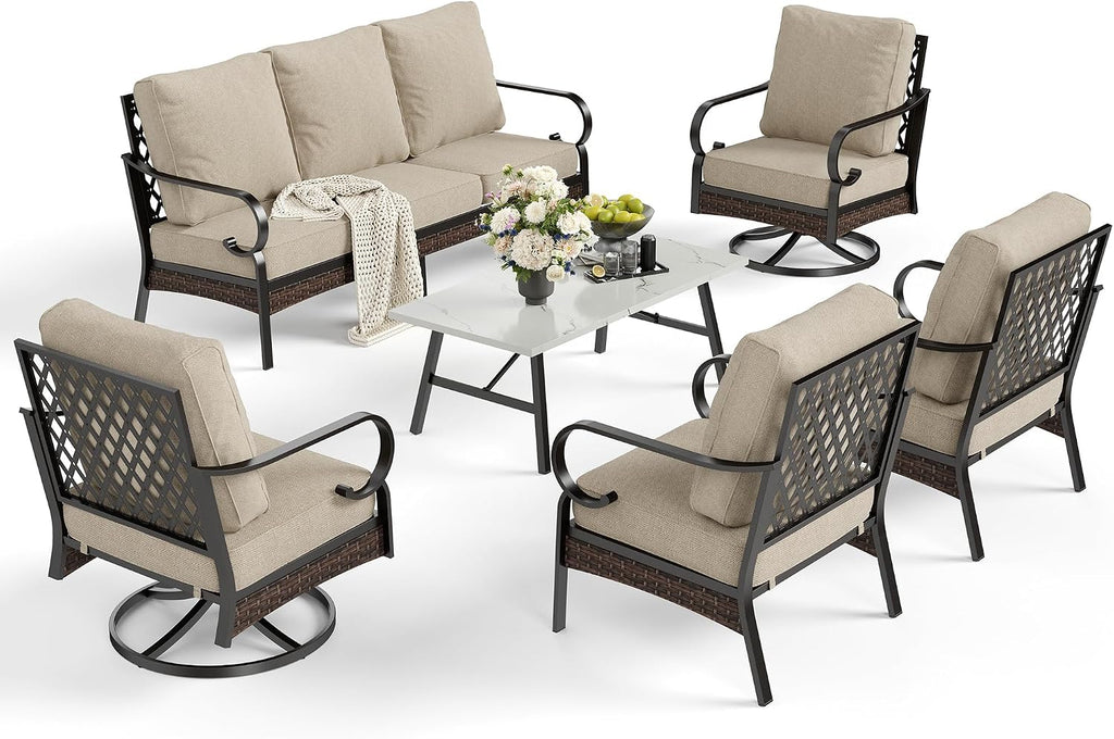 SUNSHINE VALLEY 6 Piece Metal Outdoor Patio Furniture Set, Patio Conversation Set with 3-Seater Couch, 2 Fixed Sofa, 2 Swivel Sofa (5.75' Thick Cushion) & Coffee Table Black Backyard Furniture, Beige