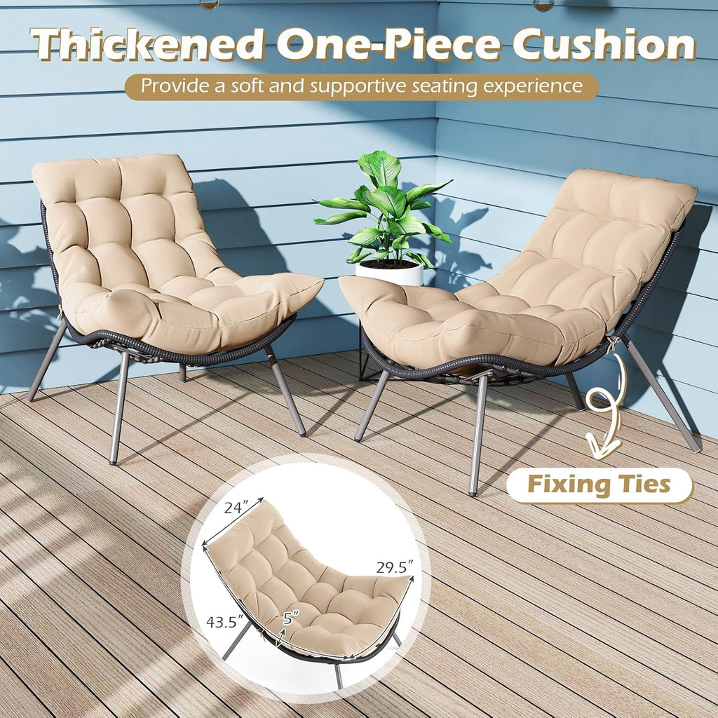 Tangkula 3 Pieces Patio Furniture Set, Outdoor Rattan Wicker Bistro Conversation Set with Cushioned Papasan Chairs and Tempered Glass Coffee Table for Porch, Balcony, Deck and Garden