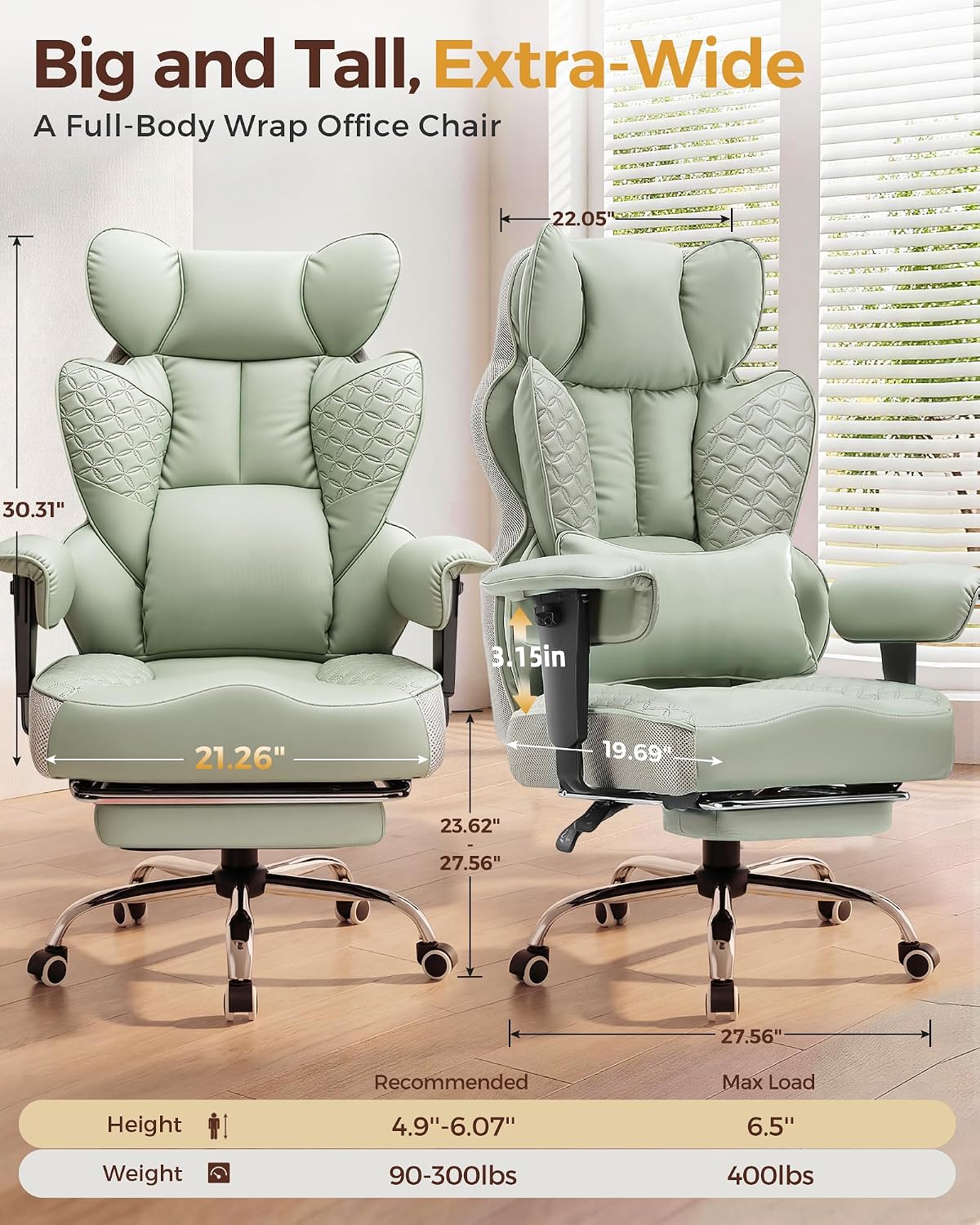 COMHOMA Big and Tall Office Chair Heavy Duty Gaming Chair with Deluxe Embossing Leather High Back Wider Ergonomic Computer Chair with Foot Rest 150°Reclining Pocket Spring Lumbar Support