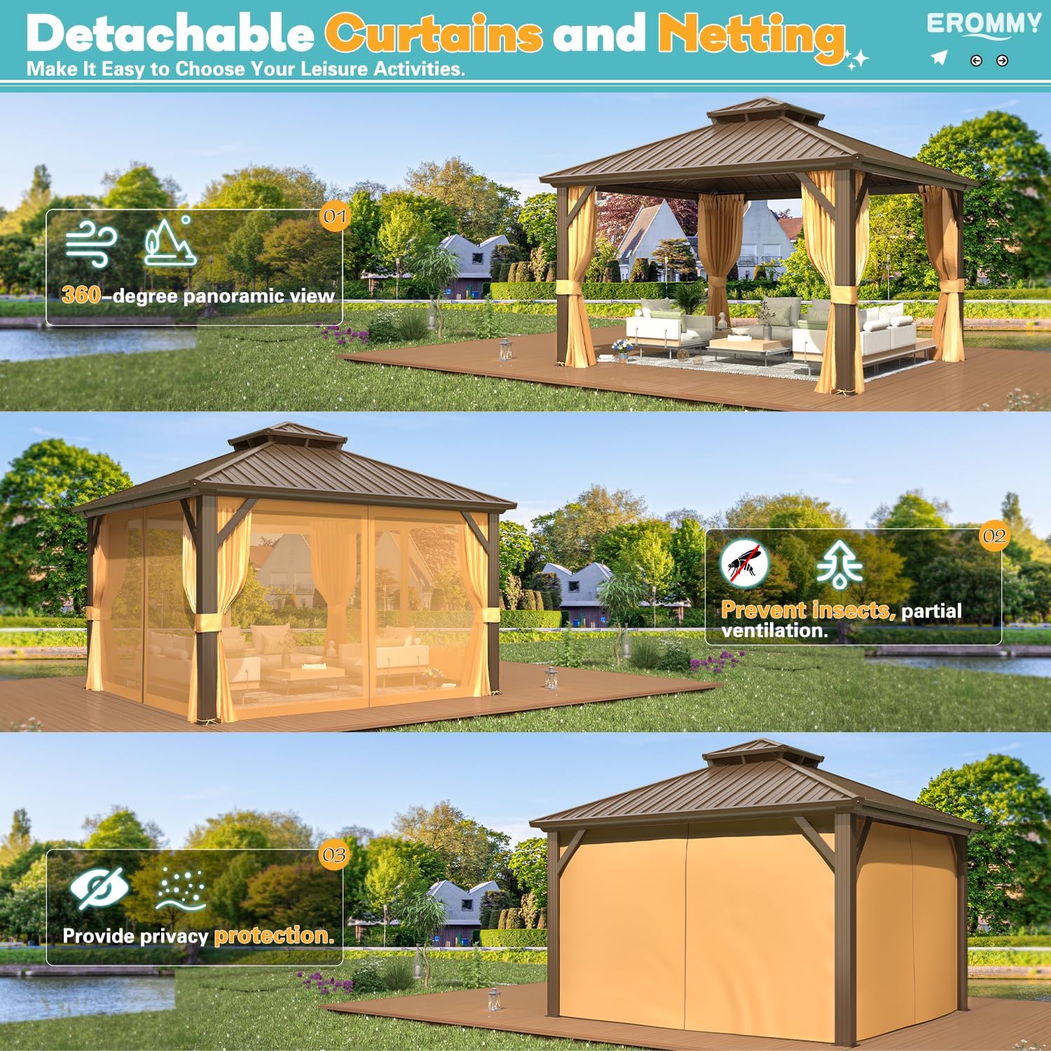 EROMMY 12'x12' Gazebo Hardtop, Galvanized Steel Double Roof Metal Gazebo with Aluminum Frame, Permanent Outdoor Pavilion with Curtain and Netting for Patio, Lawn and Garden, Brown