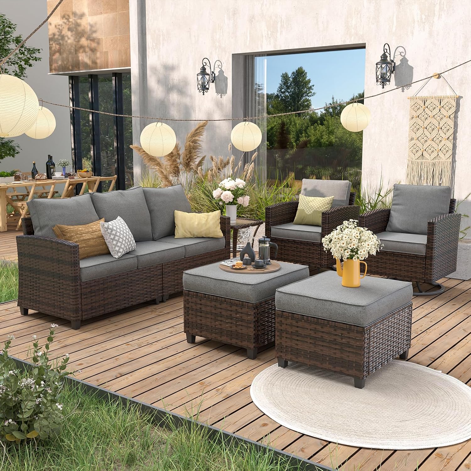 UDPATIO Patio Furniture Set, 6 Pieces Outdoor Sectional Couch with Swivel Rocking Chair, Brown Wicker Rattan Conversation Sofa, 4' Thick Cushion for Garden Backyard Deck, Dark Grey