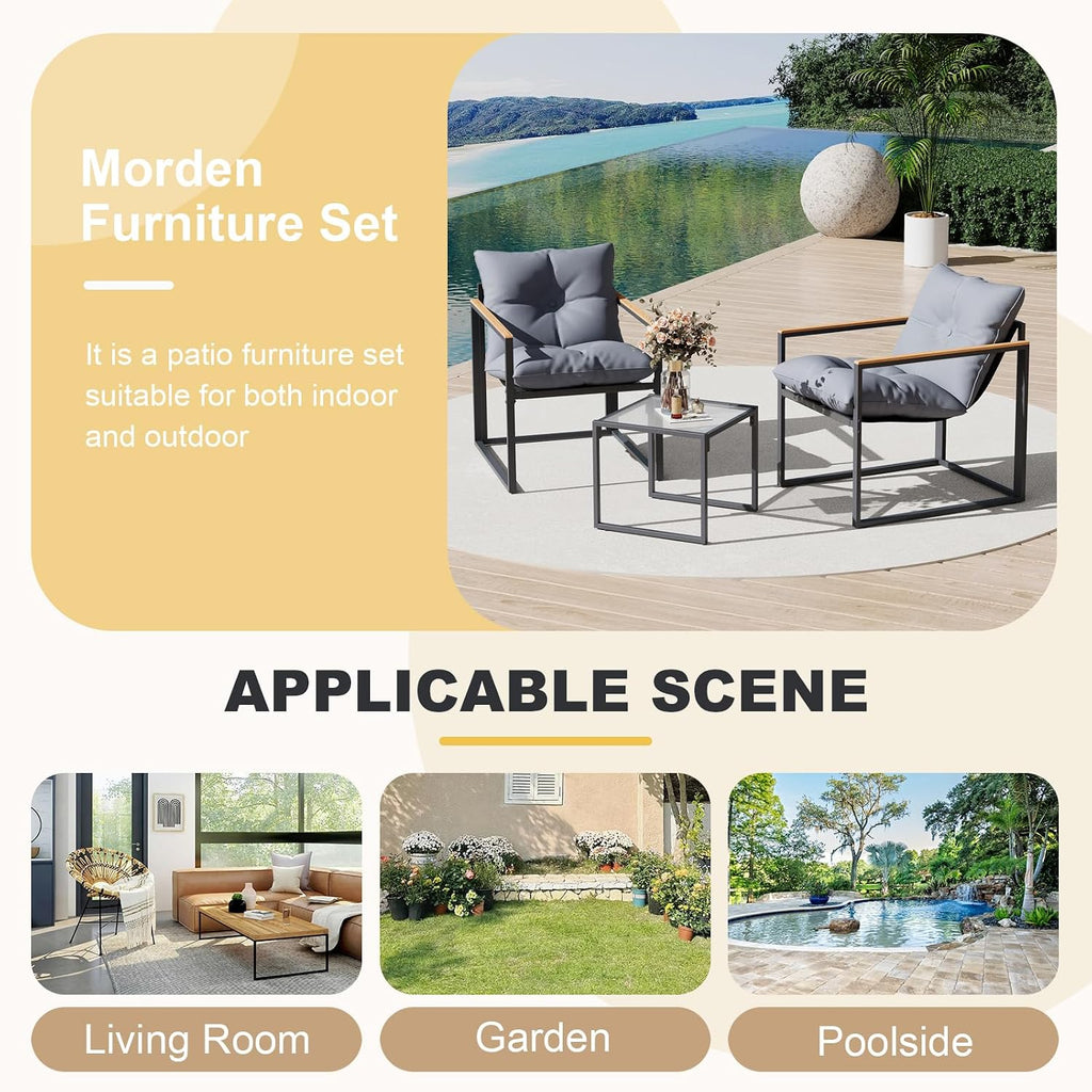 3 Piece Patio Bistro Set Outdoor & Indoor - Small Space Balcony Furniture with 2 Cushioned Deep Seating Chairs & Coffee Table, Rust-Proof Metal Frame, Breathable Textilene, Modern Porch Deck Set