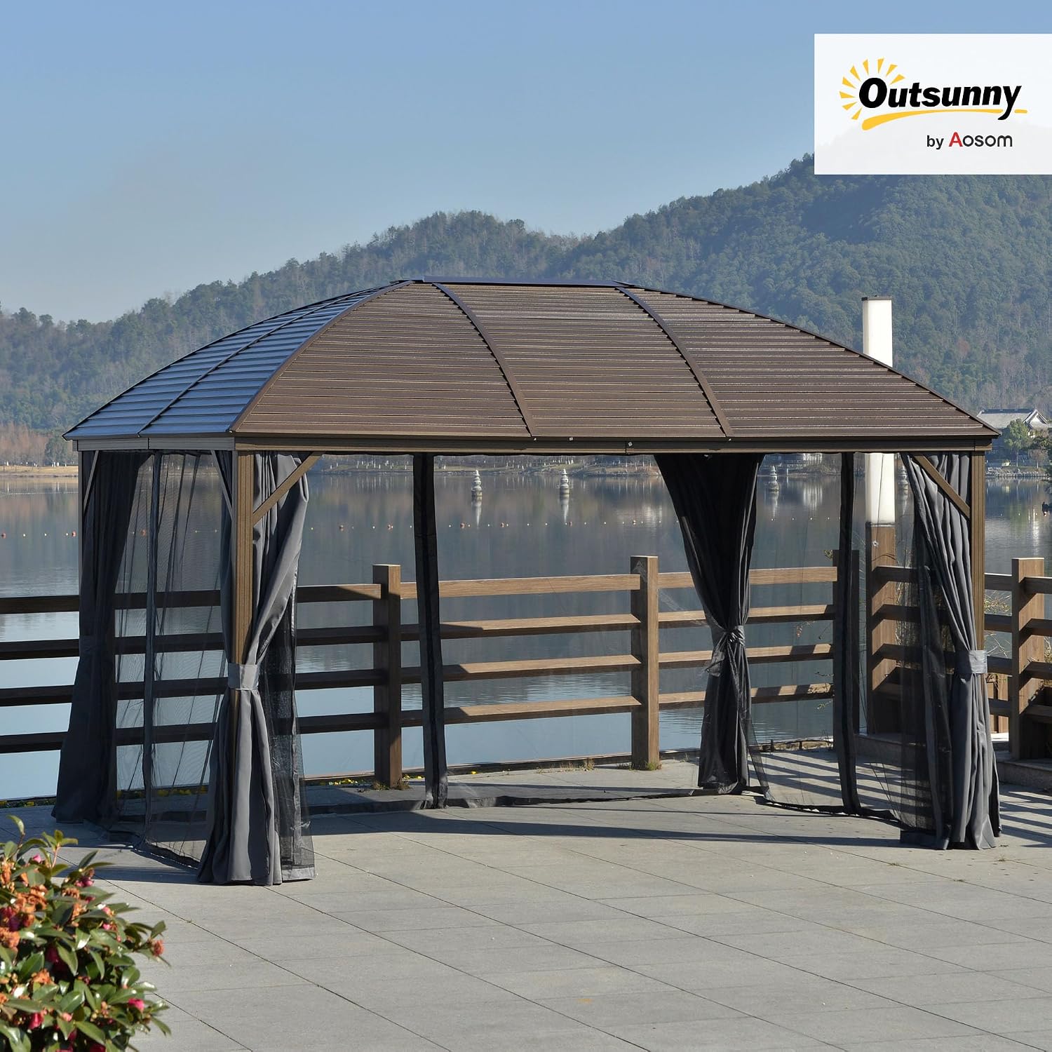 Outsunny 10' x 13' Hardtop Gazebo Canopy with Galvanized Steel Roof, Aluminum Outdoor Pavilion Gazebo with Top Hook, Netting, and Curtains for Patio, Garden, Backyard, Deck, Dark Gray