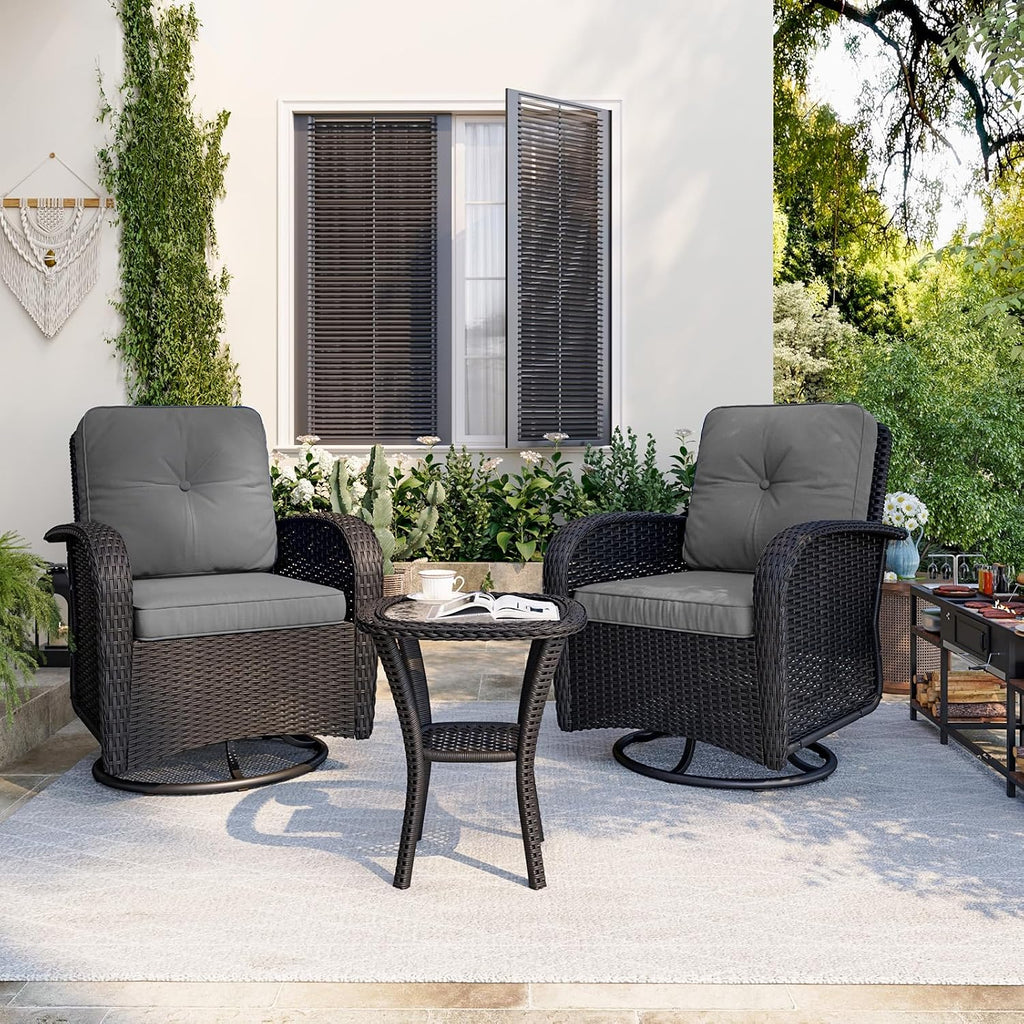 Aoxun 3 Pieces Patio Furniture Set, Patio Swivel Rocker Chairs Set of 2, Wicker Outdoor Bistro Set with Rocking Chair, Thickened Cushions and Table for Porch (Light Grey)