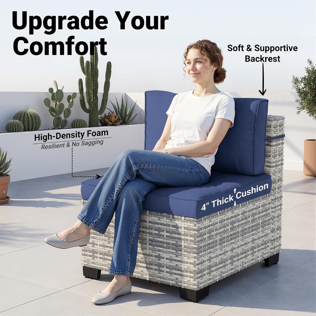 14-Piece Patio Furniture Set, Outdoor Sectional with Thick Cushions, Modular Patio Sofa, Dual-Strand Wicker Rattan, Rust-Resistant Frame, Backyard Furniture for Garden, Deck, Navy Blue