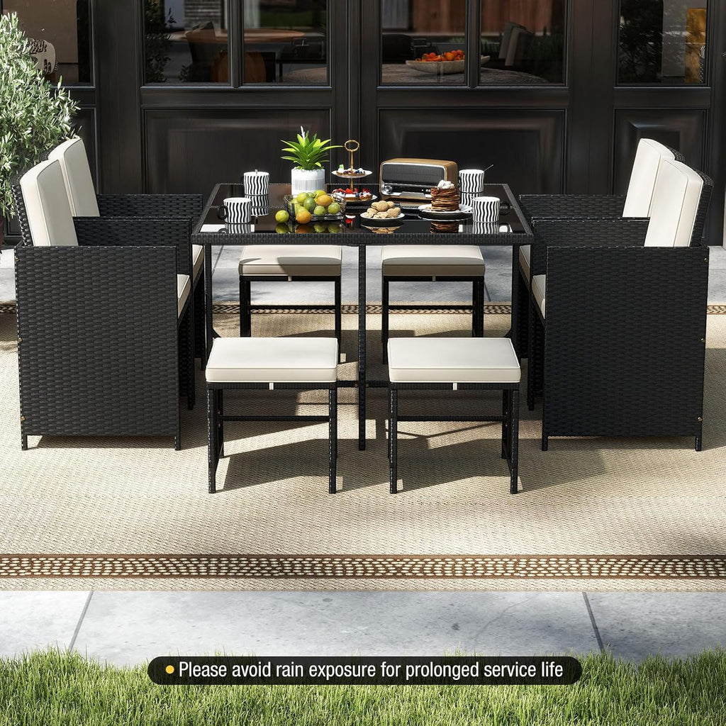 Tangkula 9 Piece Patio Dining Set, Rattan Chairs with Tempered Glass Table & Ottoman, Space Saving Wicker Sectional Conversation Set with Removable Cushions, Outdoor Furniture for Backyard Garden Deck