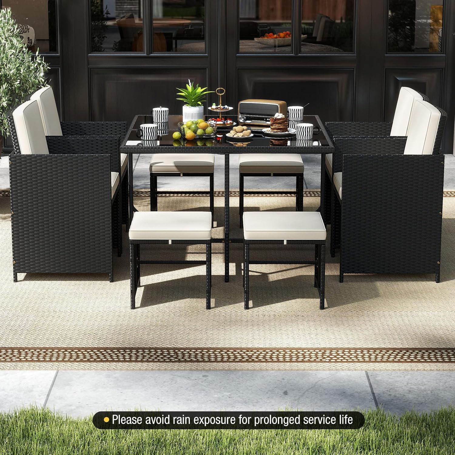 Tangkula 9 Piece Patio Dining Set, Rattan Chairs with Tempered Glass Table & Ottoman, Space Saving Wicker Sectional Conversation Set with Removable Cushions, Outdoor Furniture for Backyard Garden Deck