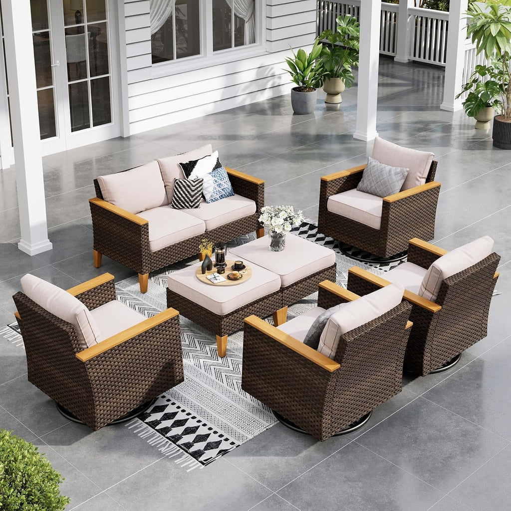 Sophia & William Patio Furniture Set with Swivel Chairs, 8 Piece Outdoor Sectional Furniture Wicker Modular Sofa Couch, Conversation Set for Deck Backyard Lawn, Beige