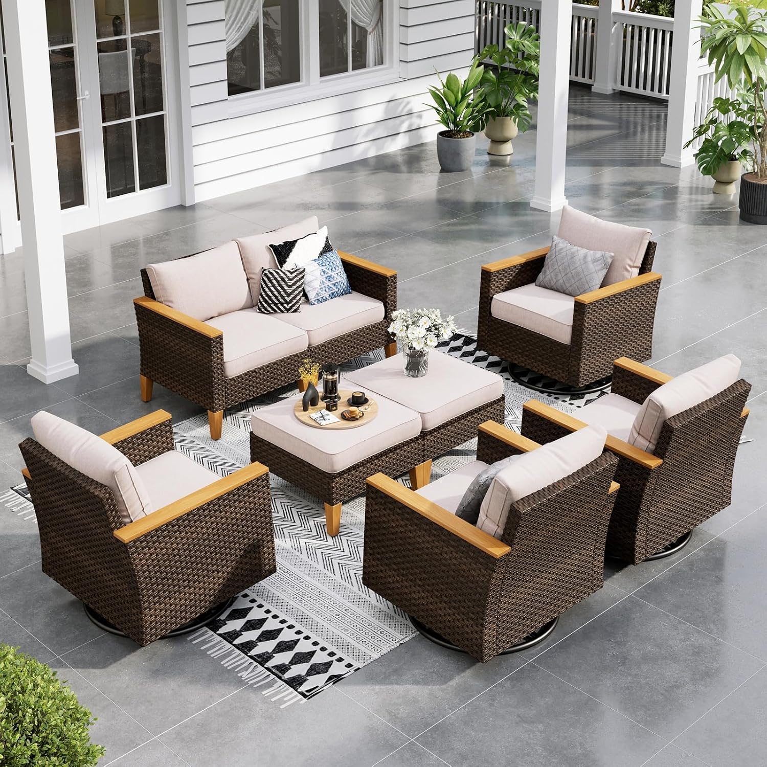 Sophia & William Patio Furniture Set with Swivel Chairs, 8 Piece Outdoor Sectional Furniture Wicker Modular Sofa Couch, Conversation Set for Deck Backyard Lawn, Beige