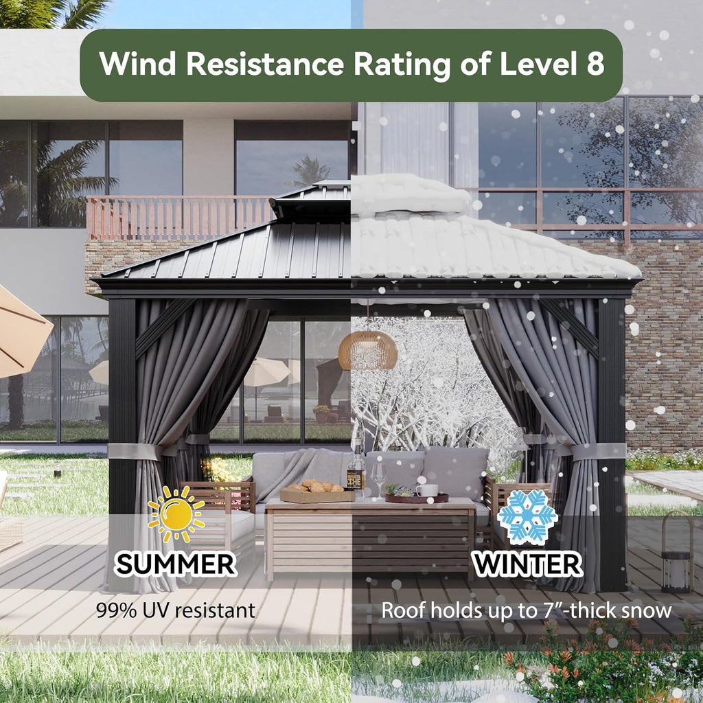 Aoxun 10' X 12' Hardtop Gazebo with Drainage System, Aluminum Outdoor Gazebo with Galvanized Steel Double Roof, Patio Permanent Metal Pavilion with Netting, for Garden, Deck, Grey