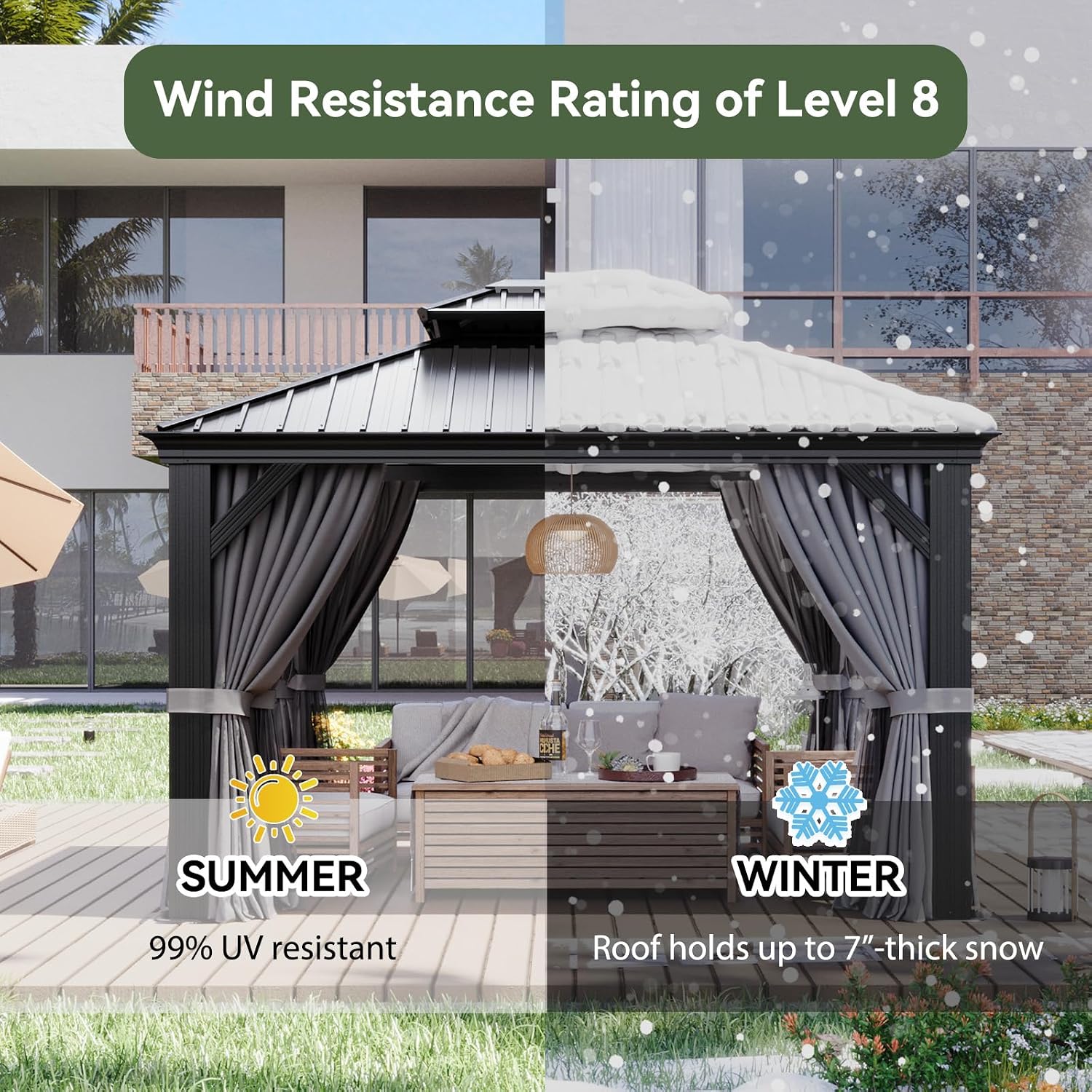 Aoxun 10' X 12' Hardtop Gazebo with Drainage System, Aluminum Outdoor Gazebo with Galvanized Steel Double Roof, Patio Permanent Metal Pavilion with Netting, for Garden, Deck, Grey