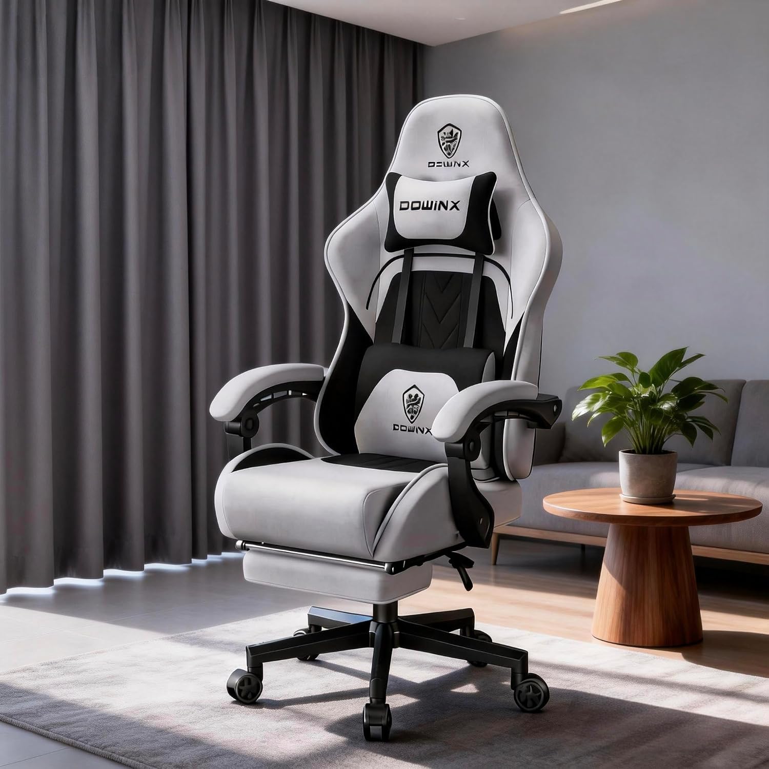 Dowinx Gaming Chair Fabric with Coil Spring Cushion, Ergonomic Game Chair for Adults with Footrest and Massage Lumbar Support, Cloth Computer Office Chair 350LBS, Black Grey