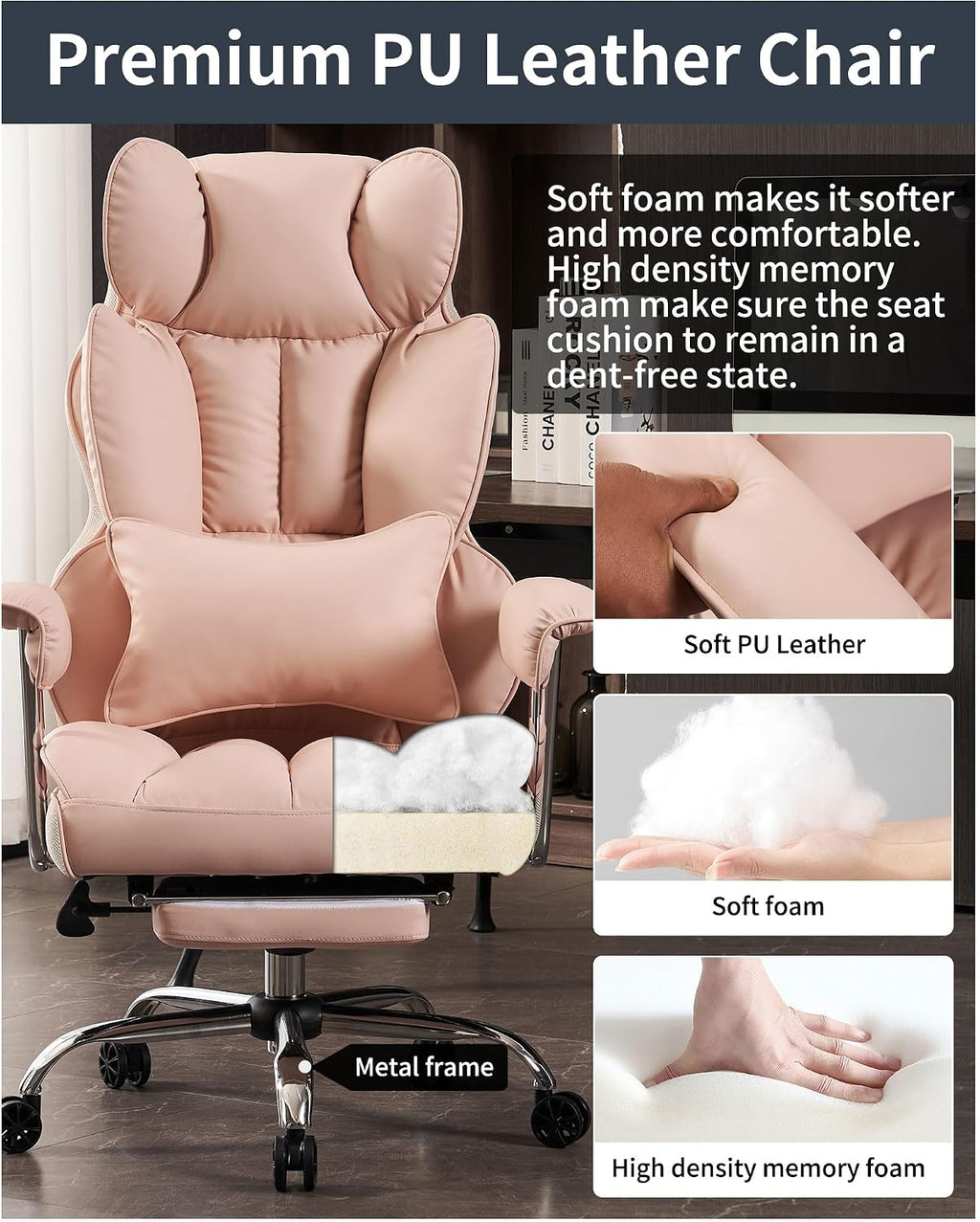 Efomao Big and Tall Office Chair 400LBS - Pink Heavy Duty Executive Office Chair with Footrest, Ergonomic Home Office Desk Chair, Wide Computer Chair for Heavy People