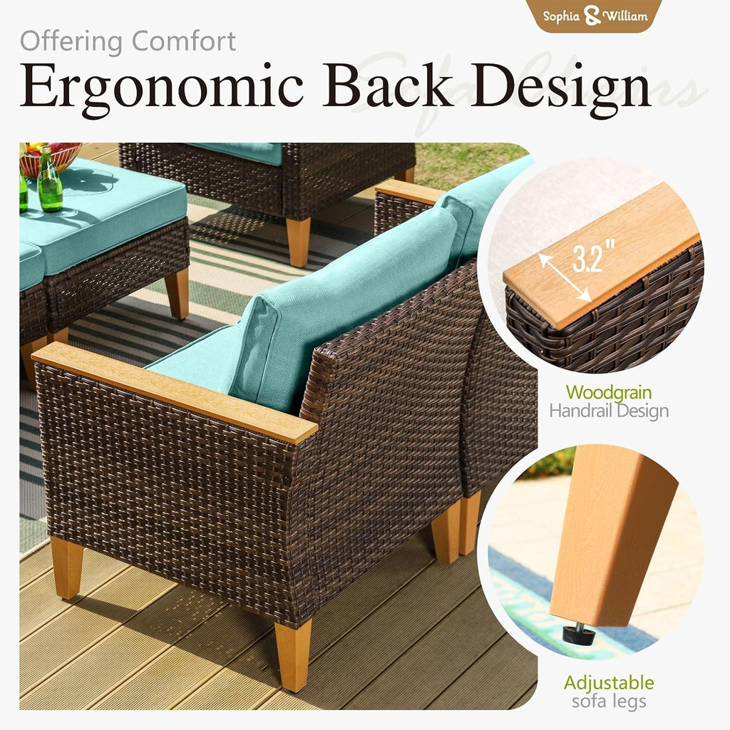 Sophia & William Oversized Patio Furniture Set, 8 Piece Outdoor Wicker Conversation Set Rattan Sectional Sofa, 2 Corner Sofa, 4 Armless Sofa, 2 Ottoman for Backyard, Deck, Pool(Aqua Blue)