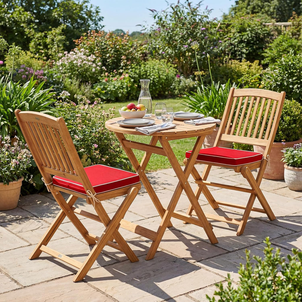 Giantex 3Pcs Patio Bistro Set, Wood Folding Table Set, 2 Cushioned Chairs for Garden Yard, Outdoor Furniture Round Table, Natural & Red