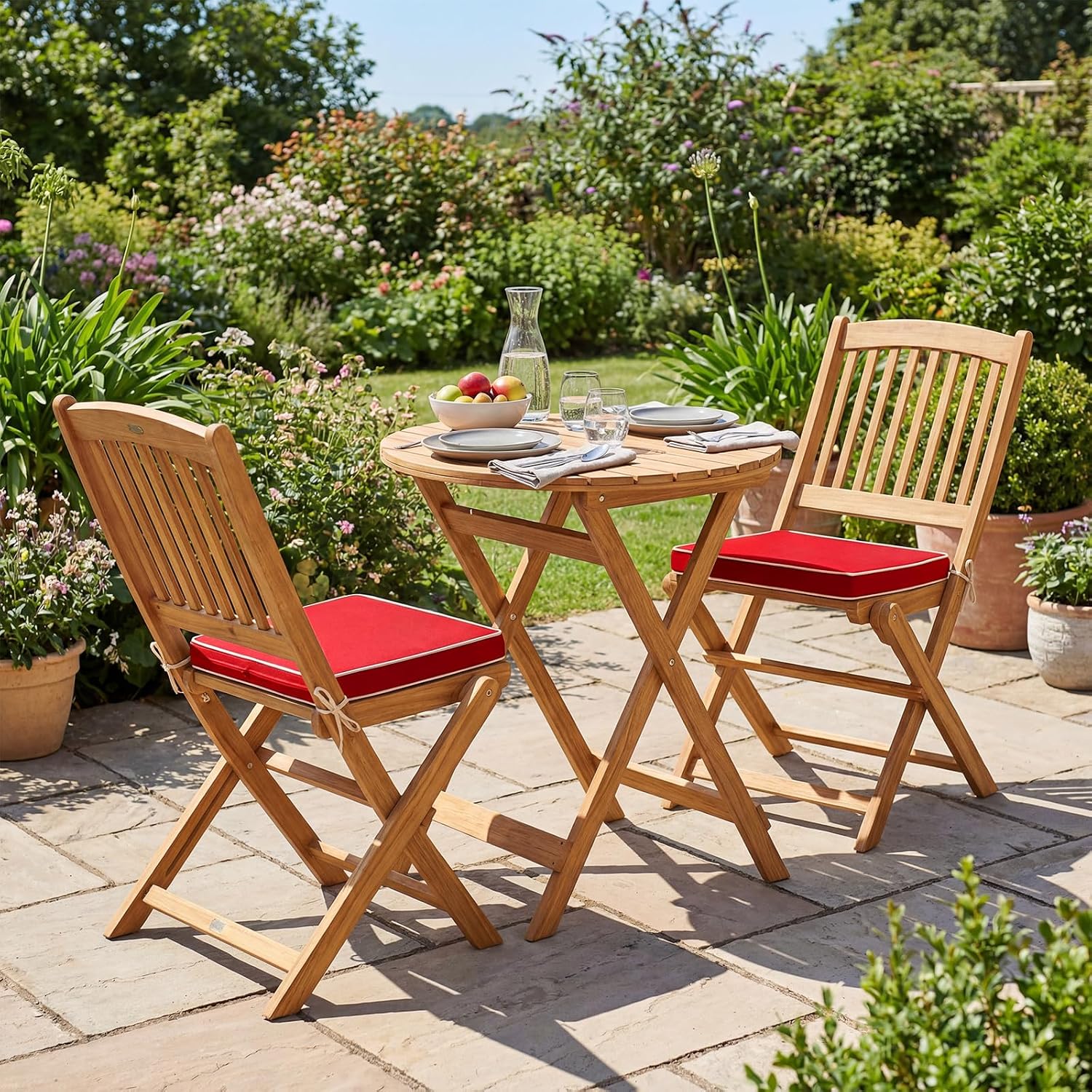 Giantex 3Pcs Patio Bistro Set, Wood Folding Table Set, 2 Cushioned Chairs for Garden Yard, Outdoor Furniture Round Table, Natural & Red