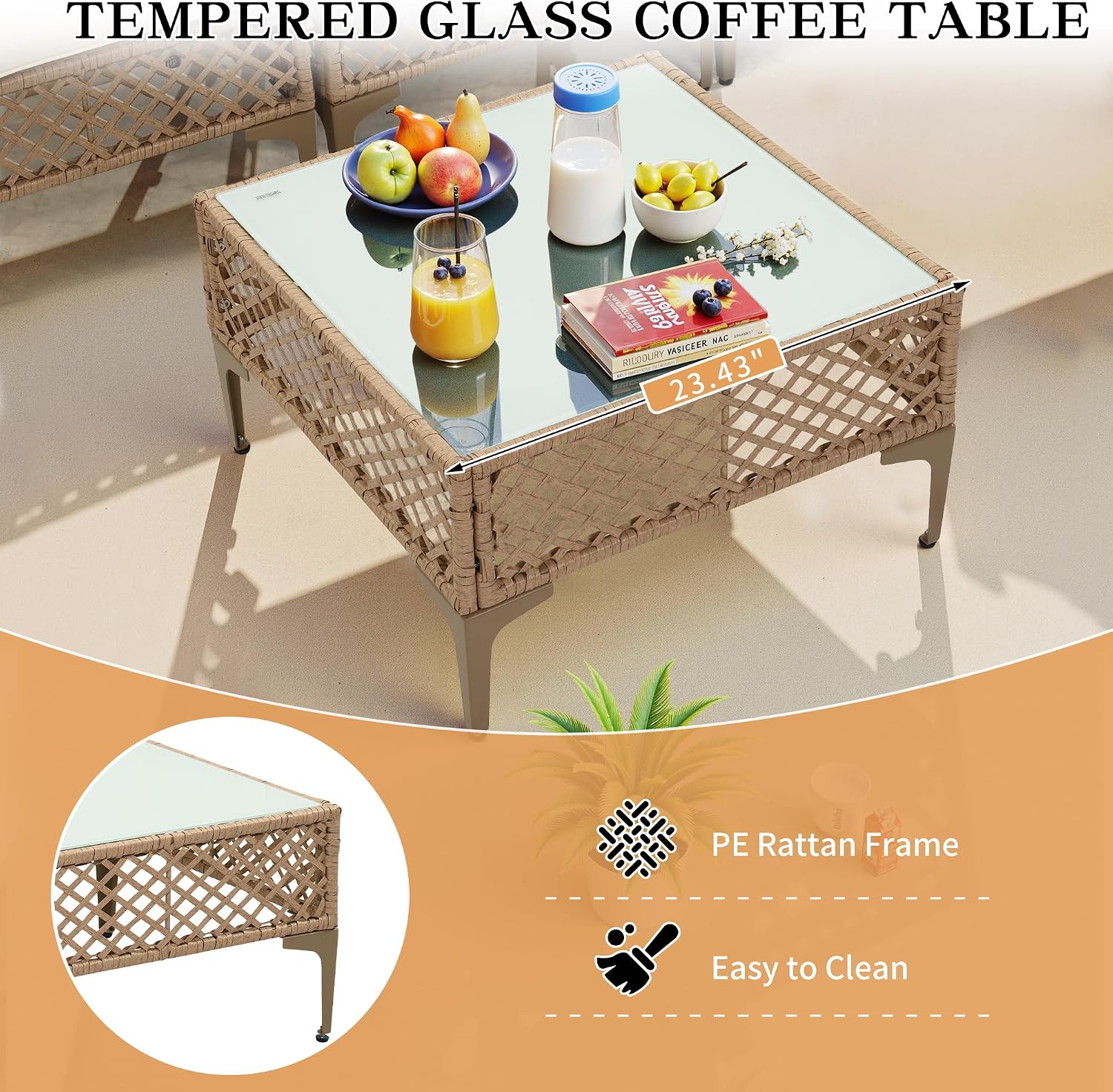 FHFO 7 Piece Patio Furniture Set, Outdoor Wicker Modular Sectional Patio Conversation Set with Thicker Cushion & Tempered Glass Coffee Table for Backyard, Poolside, Porch (Yellow/Beige)