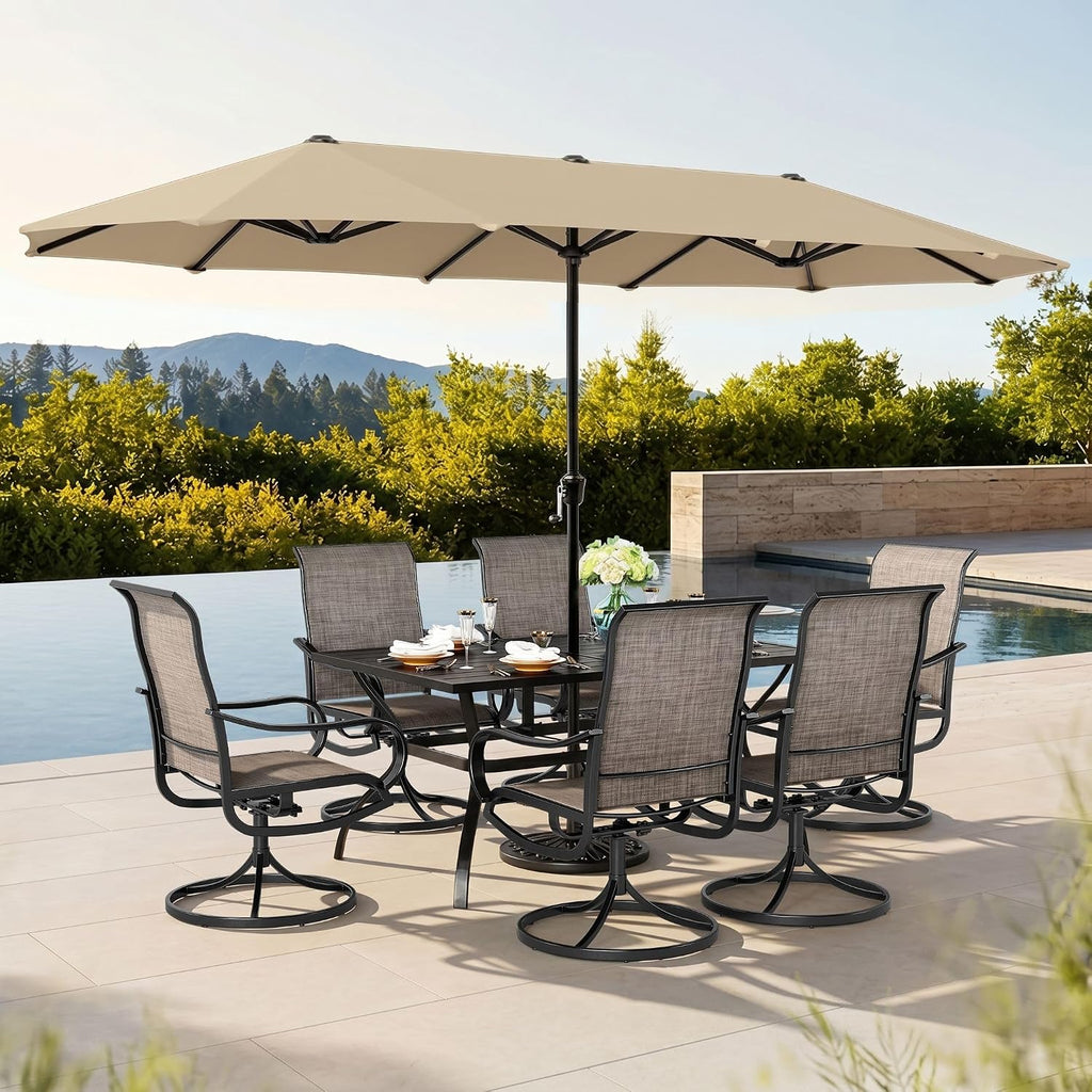 Sophia & William Patio Set with Umbrella 8 Pieces Outdoor Dining Set for 6 with 13ft Double-Sided Patio Umbrella Beige, 6 x Swivel Patio Chairs, 1 Metal Table for Lawn Garden