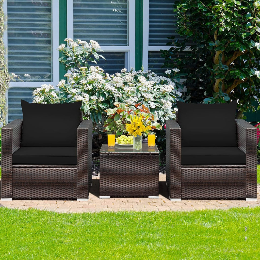 HAPPYGRILL 3PCS Patio Furniture Set Rattan Wicker Sofa Set with Cushions and Coffee Table Outdoor Patio Conversation Set for Garden Poolside Balcony