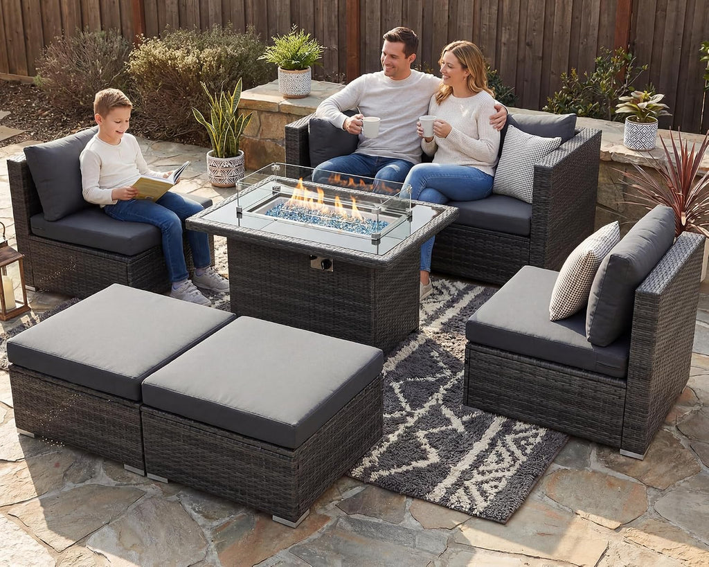 RADIATA 7Pcs Outdoor Patio Furniture Set with Fire Pit, Modern Comfortable Outside Sectional Couch High Back Oversized Wide Deep 6-Seats, Modular All-Weather Heavy Duty Wicker Sofa Set, Dark Grey