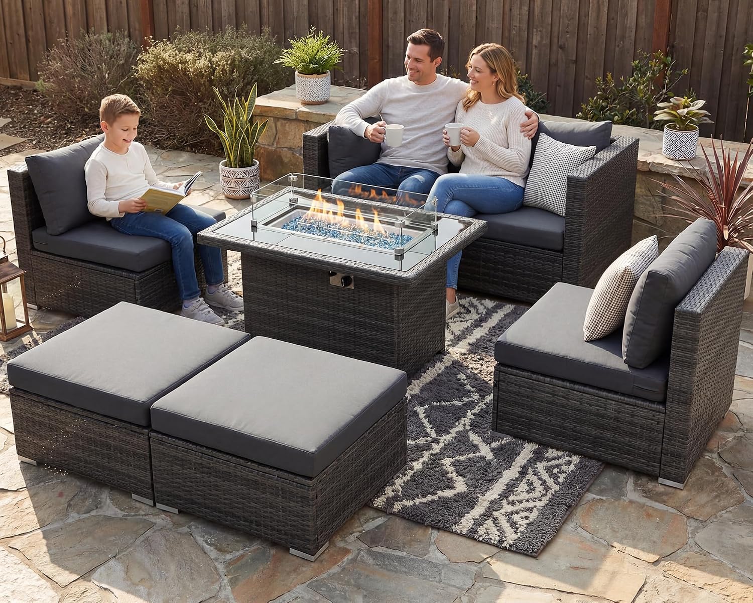 RADIATA 7Pcs Outdoor Patio Furniture Set with Fire Pit, Modern Comfortable Outside Sectional Couch High Back Oversized Wide Deep 6-Seats, Modular All-Weather Heavy Duty Wicker Sofa Set, Dark Grey