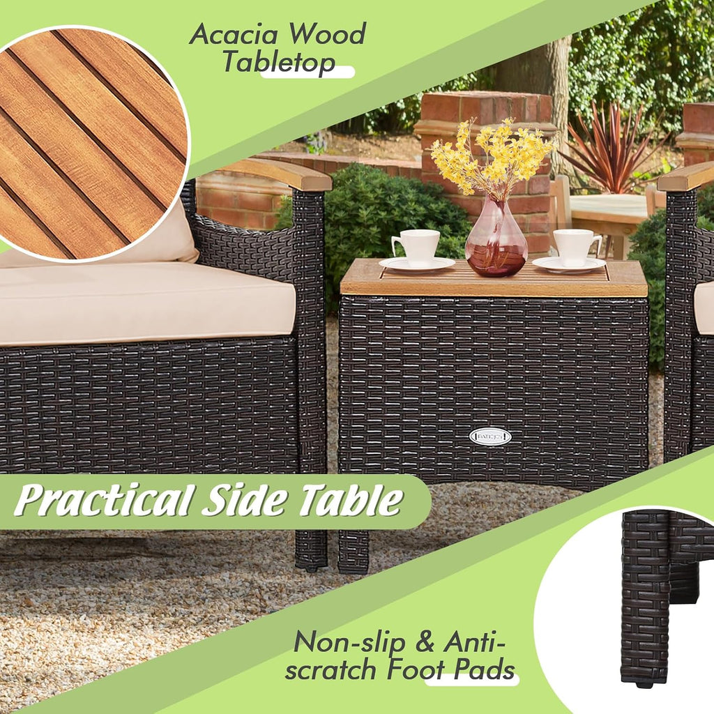 Tangkula 3-Piece Patio Furniture Set, Patiojoy Outdoor Rattan Sofa Set with Coffee Table, Patio Conversation Set with Removable Cushion, Cozy Acacia Wood Armrests for Backyard, Poolside (Beige)