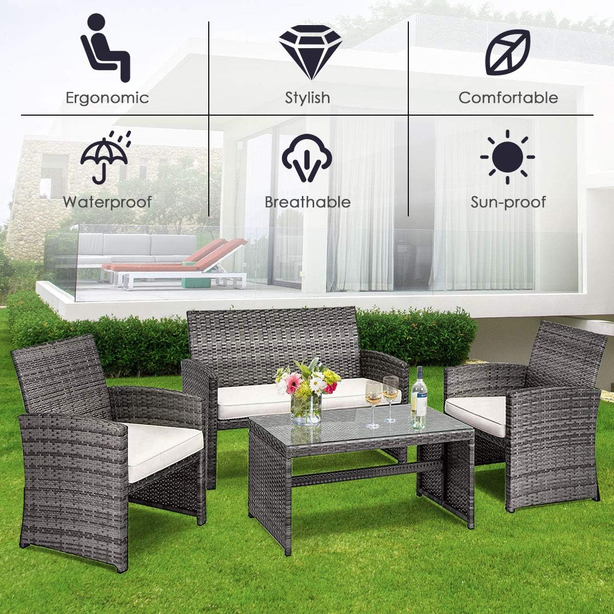 COSTWAY Patio Furniture Set 4 Pieces, Outdoor Wicker Chairs Sofa w/Coffee Table and Soft Cushions, Rattan Conversation Sets for Patio Lawn Backyard Yard Pool Garden, White
