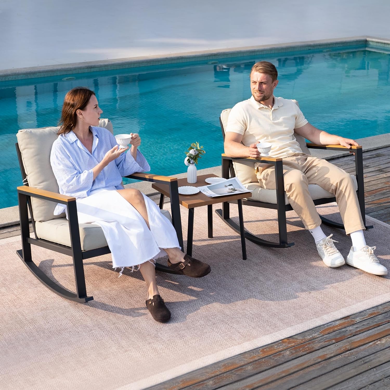 3 Pieces Rocking Bistro Set, Outdoor Patio Furniture Set with Thick Cushions and Coffee Table, Patio Conversation Sets for Garden, Balcony, Backyard, Beige