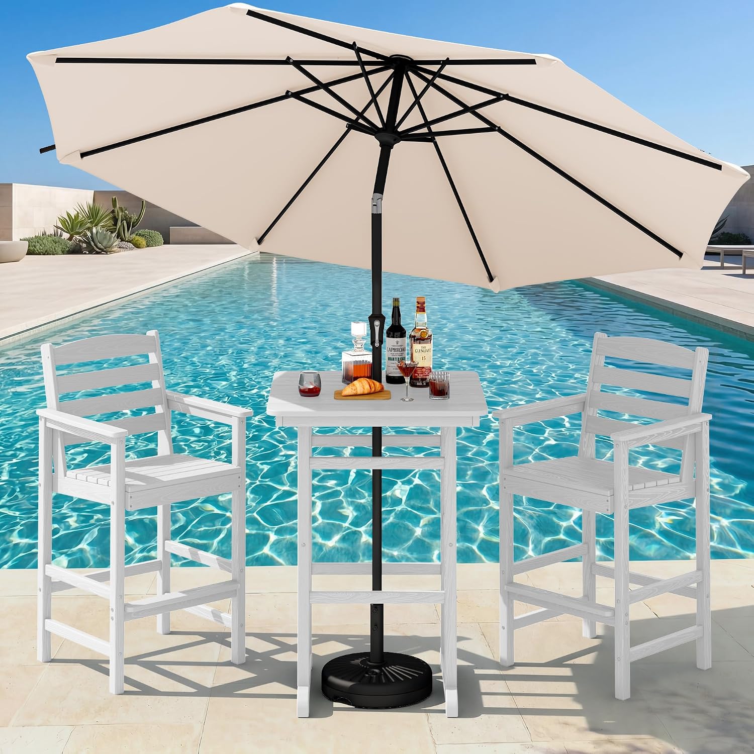 SERWALL 4 Pieces Outdoor Patio Bar Set with 9ft Umbrella, Outdoor HDPE Barstool and Table Furniture Set with Patio Umbrella, White