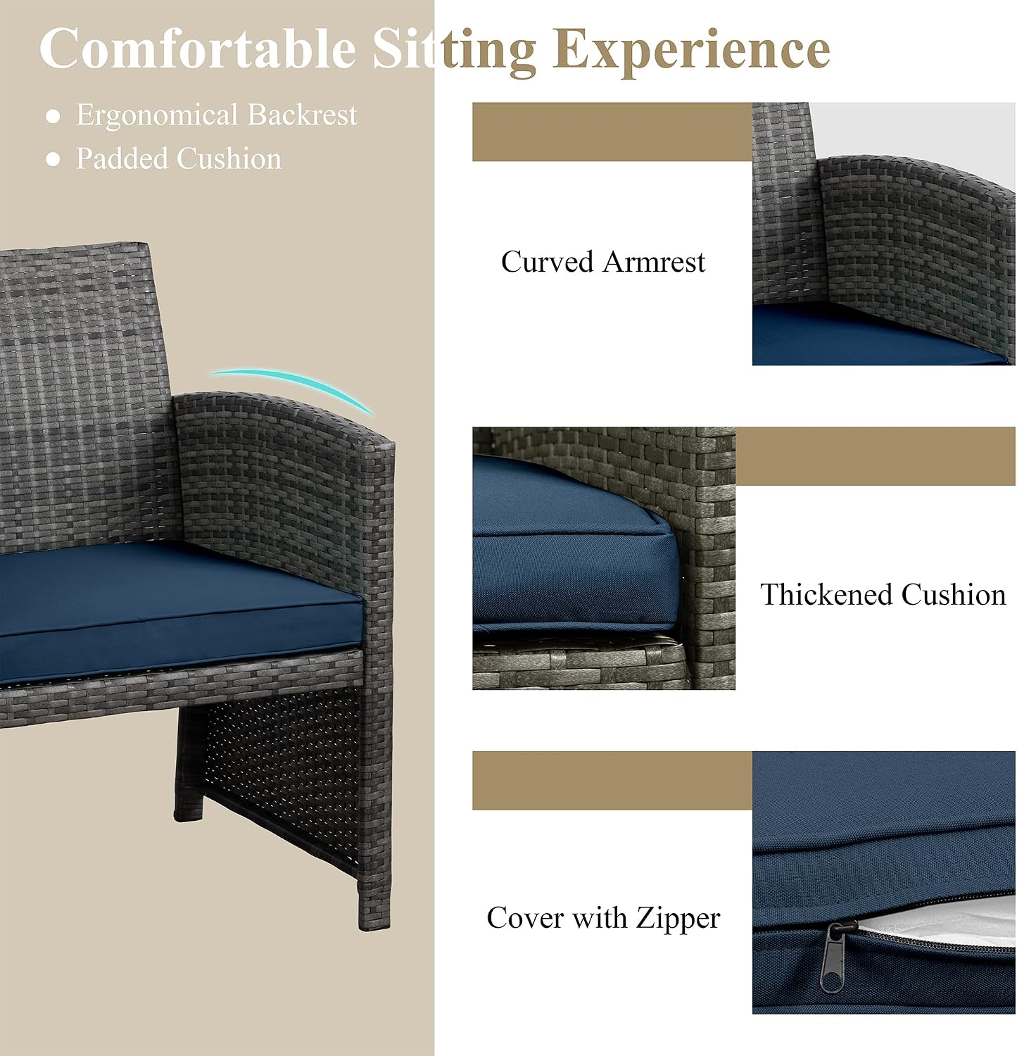 JAMFLY 4 Piece Outdoor Patio Furniture Set, Outdoor Wicker Rattan Chairs Conversation Sets with Cushions & Coffee Table for Outside, Garden, Balcony, Porch, Dark Blue