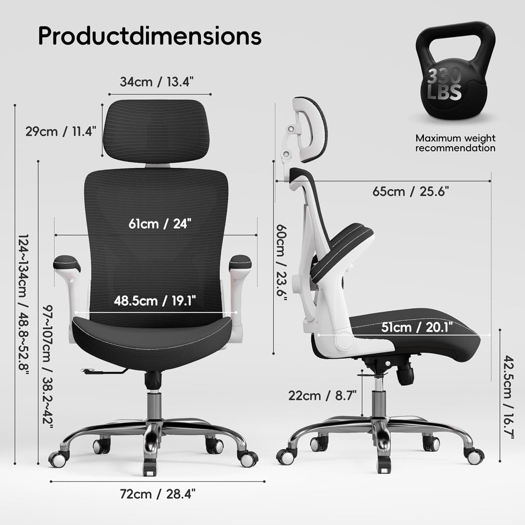 Ergalithic Office Home Ergonomic Desk Chair-Computer X-Shaped Chair Mesh PU Leather with Adjustable Lumbar Support-Executive Chair High Back with Headrest Flip-Up Arms for Long Hours (Light Black)