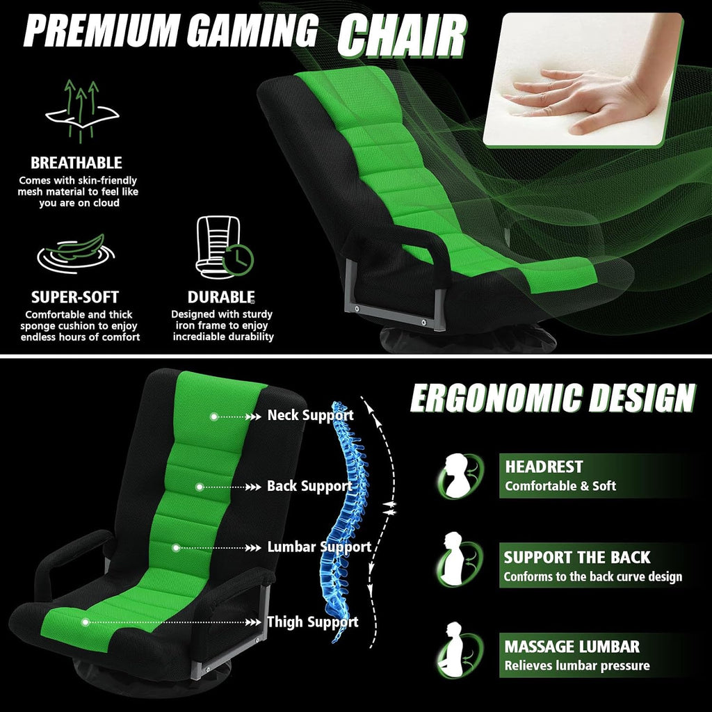 Swivel Gaming Chair Multipurpose 2PACK Floor Gaming Chair for Playing Video Games, TV, Reading w/Armrest Lumbar Support & 6 Adjustable Postion Backrest for Adults,Green
