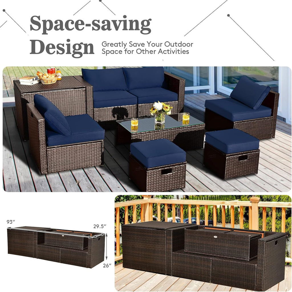 Tangkula 8 Piece Patio Furniture Set, Patiojoy Outdoor Space Saving PE Rattan Sectional Sofa Set for 6 with Waterproof Cover, for Garden, Deck, Poolside and Balcony (Navy)