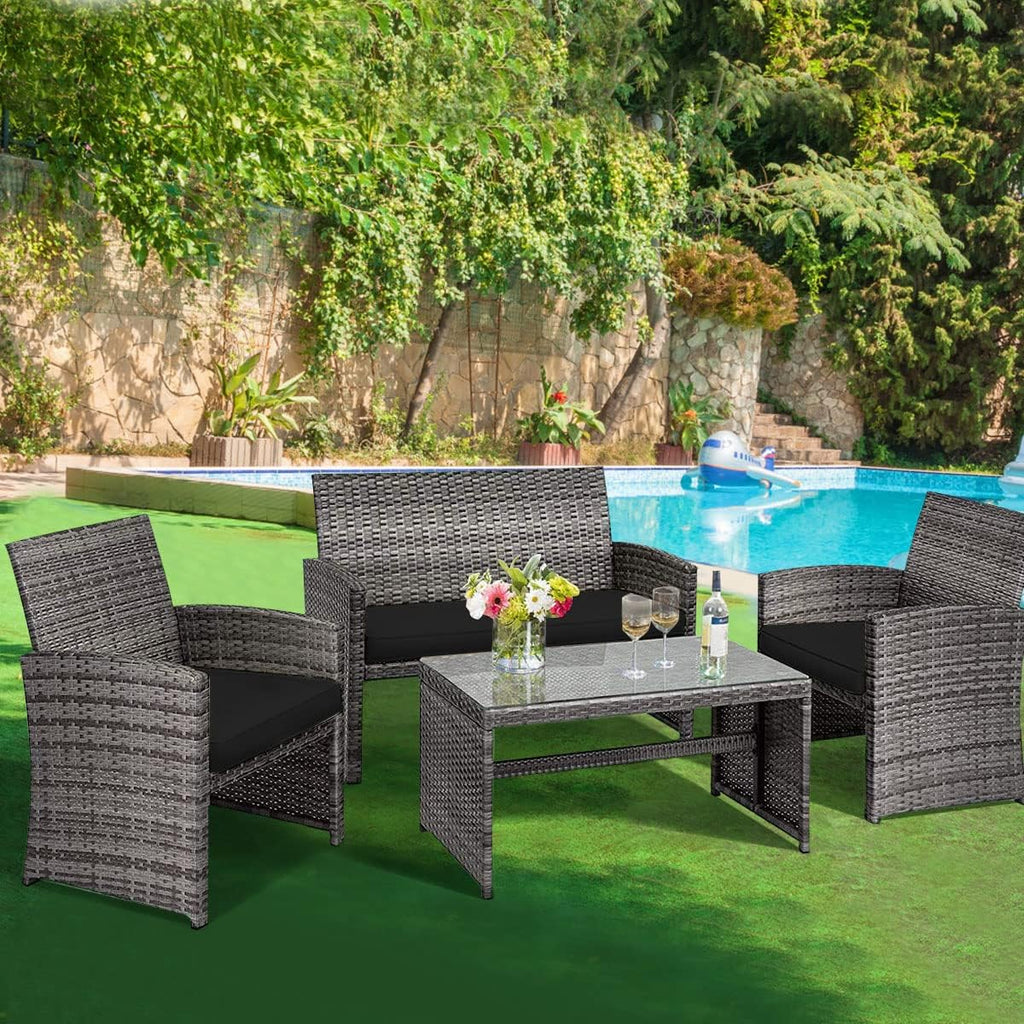 Giantex 4 Pc Patio Conversation Set, Rattan Loveseat & Patio Chairs with Cushioned Seat, Wicker Coffee Table, Outdoor Furniture Set for Front Porch Poolside Garden Lawn