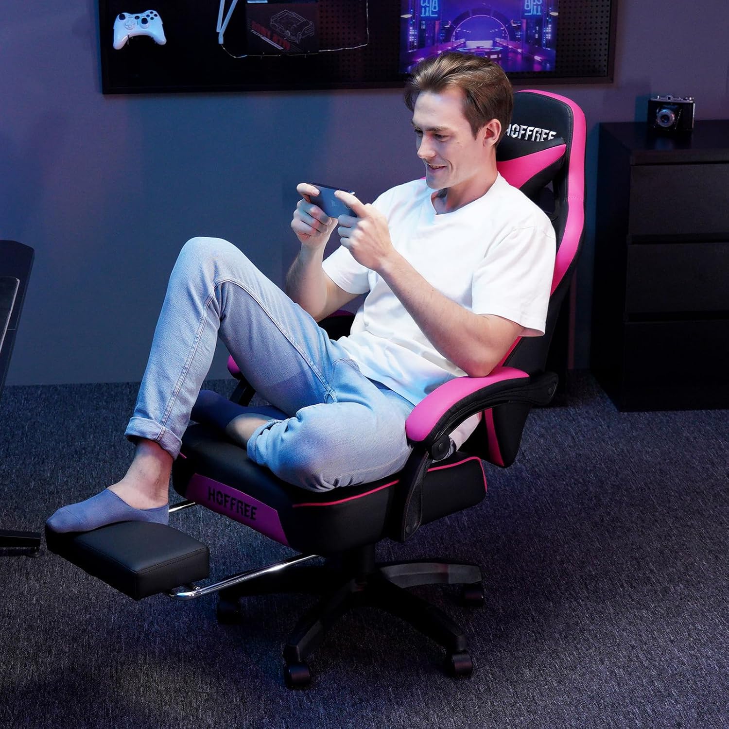 HOFFREE Gaming Chair Computer Chair with Speakers Massage Game Chairs with Footrest Bluetooth High Back Ergonomic Computer Gaming Chairs for Adults Reclining Video Gamer Chair Pink and Black