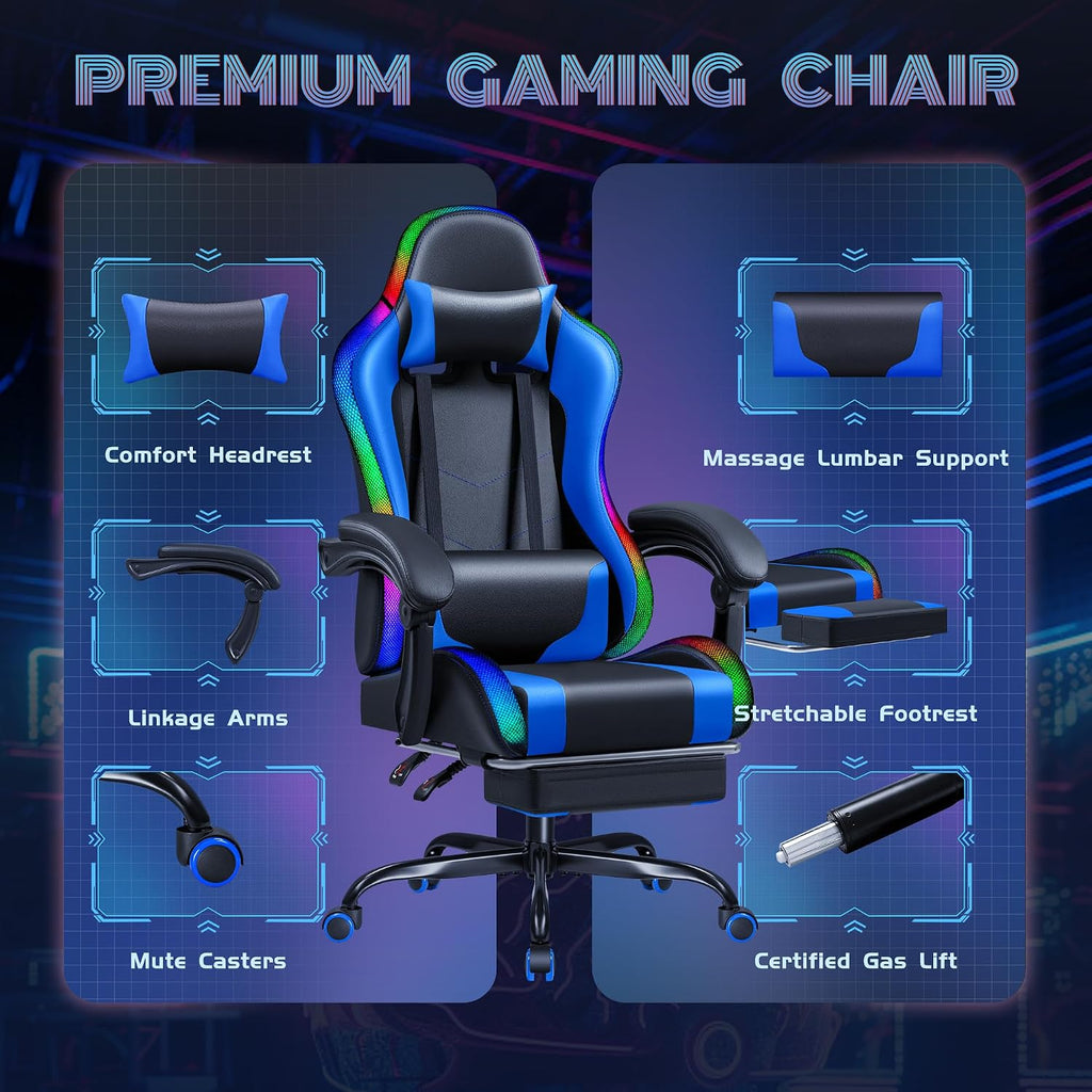 Furmax Gaming Chair with RGB LED Lights, Video Game Chair with Footrest and Massage Lumbar Support, High Back Reclining Computer Chair with Headrest, Swivel Seat Gamer Chair (LED Blue)