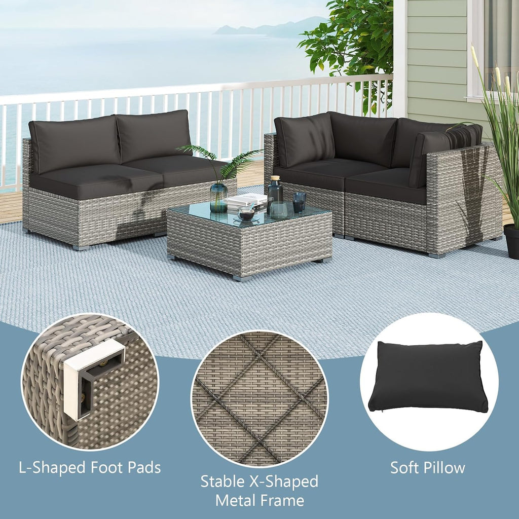 Tangkula 10-Piece Outdoor Patio Sectional Sofa Couch, PE Rattan Conversation Set w/Glass Coffee Table & Cushions, Outdoor Furniture Set w/Sturdy Metal Frame for Garden Poolside Backyard