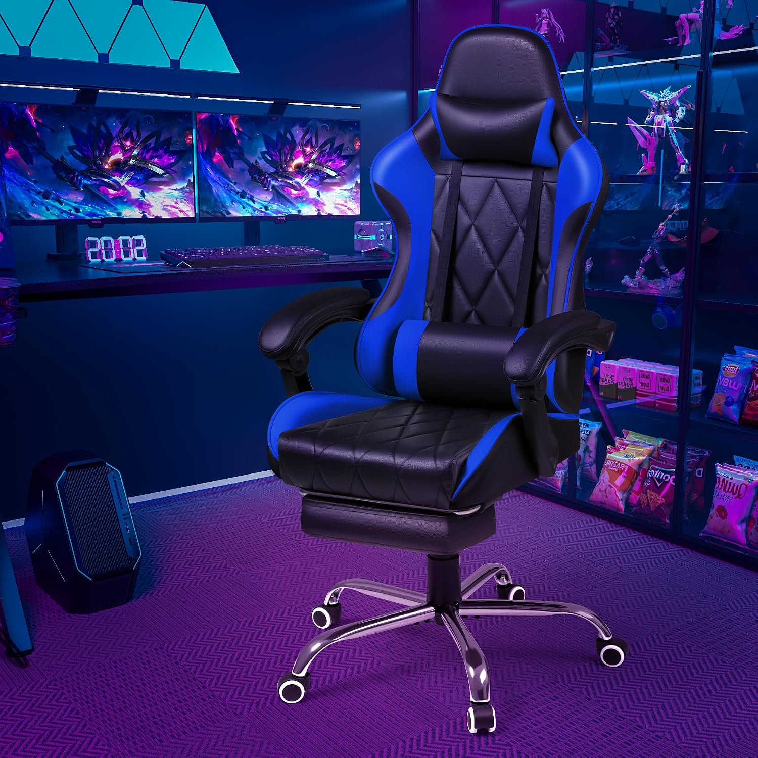 Shahoo Gaming Chair with Footrest and Massage Lumbar Support, Computer Game Chairs Ergonomic Office Seat Height Adjustable with Headrest, Blue