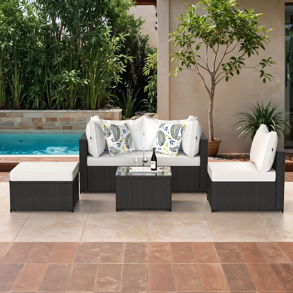 GOJOOASIS Patio Furniture Set Outdoor Sectional Sofa with Ottoman Wicker Couch Rattan Modular Seating Conversation Sets Porch Decor for Backyard, Balcony, Garden (White)