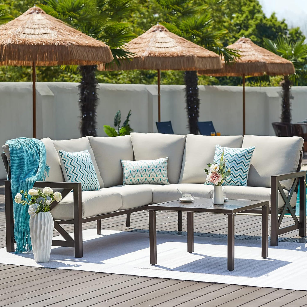 NATURAL EXPRESSIONS 6 Pieces Patio Furniture Sets, Metal Outdoor Sectional Furniture L Shape Patio Conversation Sets,Highback Frame,Metal Table,Large Waterproof Cover, 6.5' Olefin Cushions