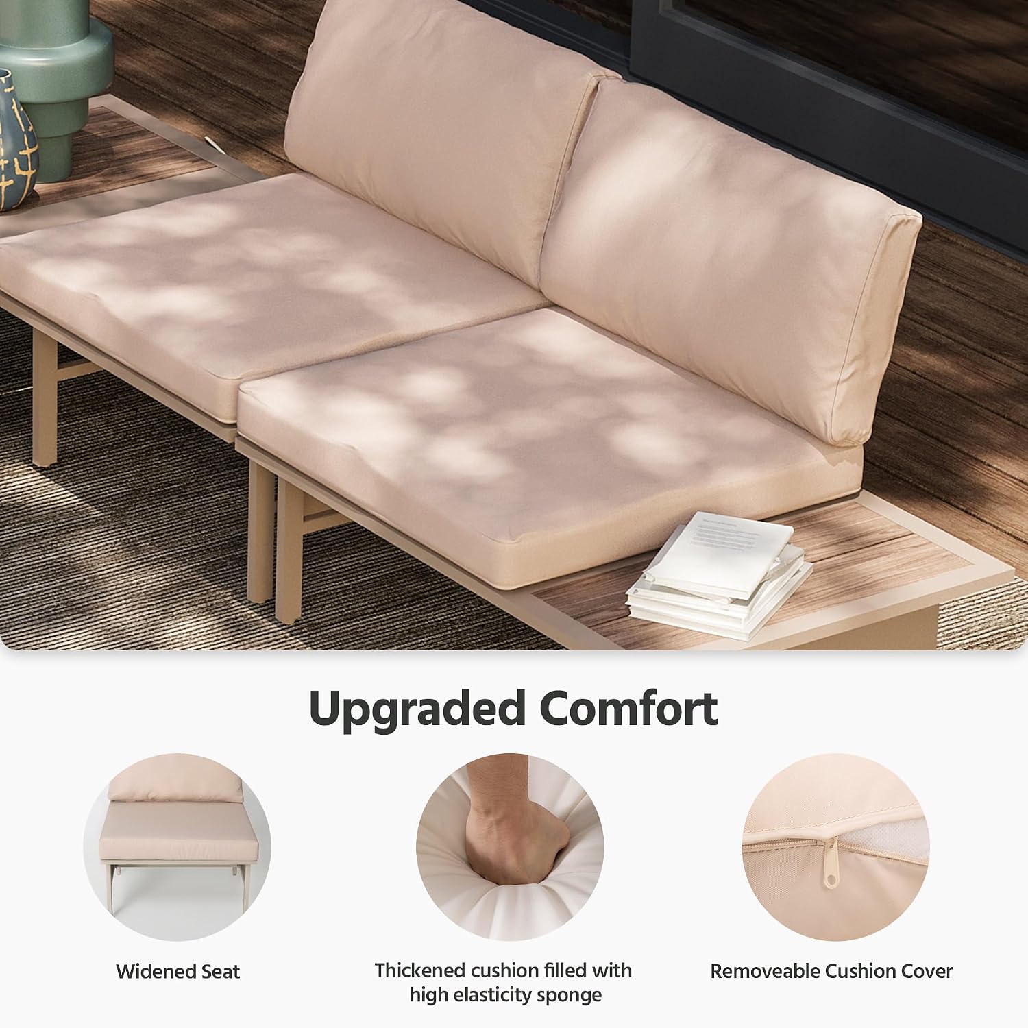 LAUSAINT HOME 6 Pieces Patio Furniture Set, Outdoor Metal Frame Patio Conversation Sets with Coffee Table & Thick Cushions for Garden, Poolside, Backyard(Beige)