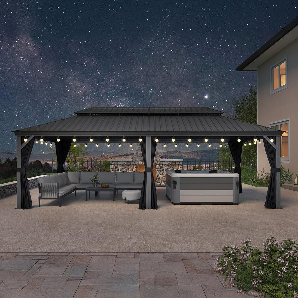 PURPLE LEAF 12' x 24' Patio Hardtop Gazebo Metal Roof Heavy Duty Wind Resistance Outdoor Permanent Large Pavilion Gazebo for Patio Deck and Garden, Netting and Curtains Included, Light Grey