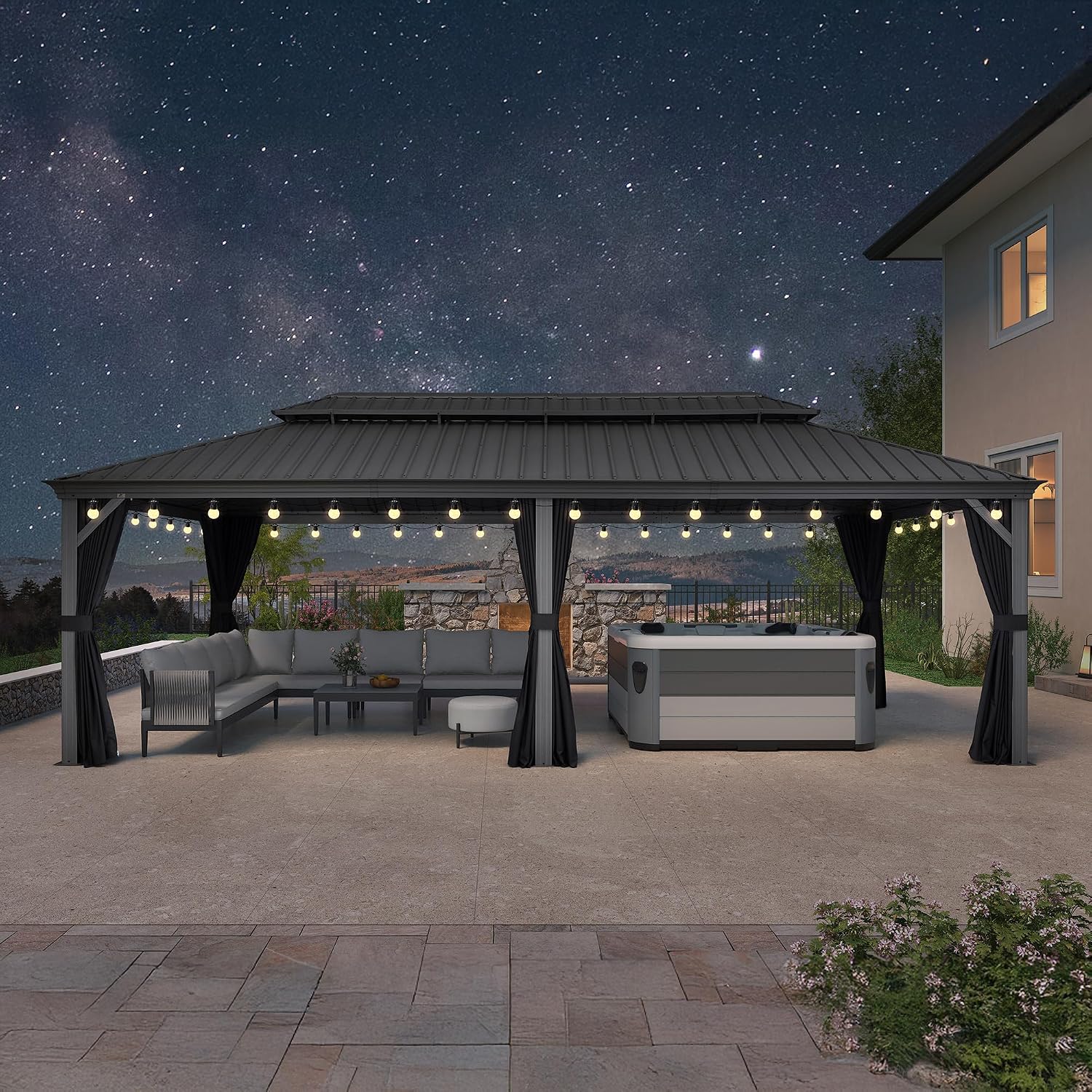 PURPLE LEAF 12' x 24' Patio Hardtop Gazebo Metal Roof Heavy Duty Wind Resistance Outdoor Permanent Large Pavilion Gazebo for Patio Deck and Garden, Netting and Curtains Included, Light Grey