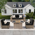 Amopatio 5 Piece Patio Furniture Set with 8' Armrest & 44' Fire Pit Table, Outdoor Wicker Rattan Sectional Sofa Conversation Set for Backyard, Garden, Poolside(Black Cushion)