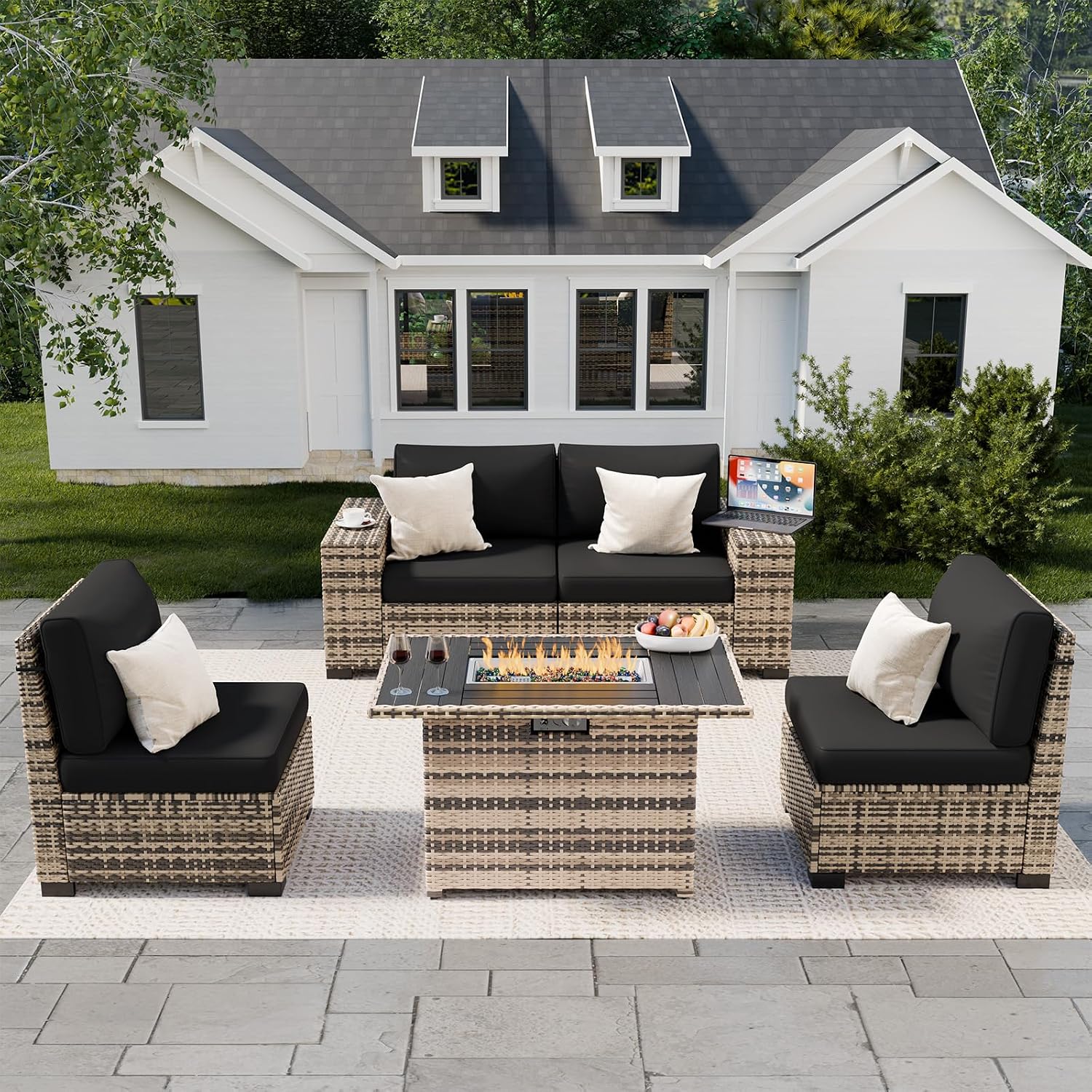 Amopatio 5 Piece Patio Furniture Set with 8' Armrest & 44' Fire Pit Table, Outdoor Wicker Rattan Sectional Sofa Conversation Set for Backyard, Garden, Poolside(Black Cushion)